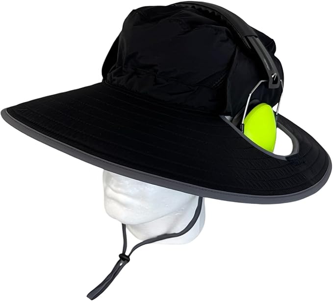 SPF 50+ Bucket Hat Compatible with Ear Protection Headphones – Sun Protection Hat for Lawn Mowing, Construction, Yard Work