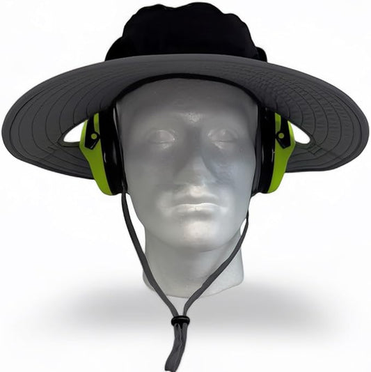 SPF 50+ Bucket Hat Compatible with Ear Protection Headphones – Sun Protection Hat for Lawn Mowing, Construction, Yard Work