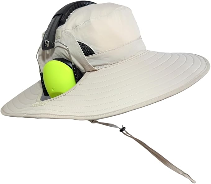 SPF 50+ Bucket Hat Compatible with Ear Protection Headphones – Sun Protection Hat for Lawn Mowing, Construction, Yard Work