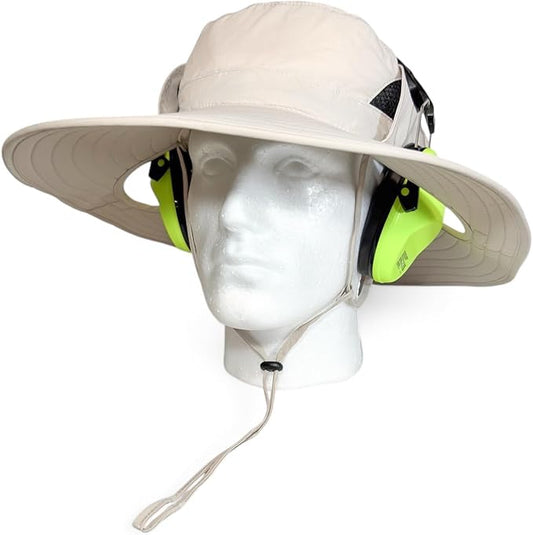 SPF 50+ Bucket Hat Compatible with Ear Protection Headphones – Sun Protection Hat for Lawn Mowing, Construction, Yard Work