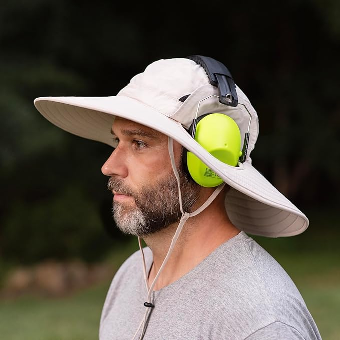 SPF 50+ Bucket Hat Compatible with Ear Protection Headphones – Sun Protection Hat for Lawn Mowing, Construction, Yard Work